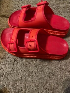 Coach Bright Red and Orange Double-Buckle Slide Sandals